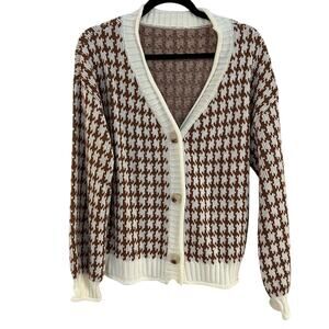 SHEIN Women’s Houndstooth V-Neck Button Down Cardigan Sweater Brown/Cream Size L